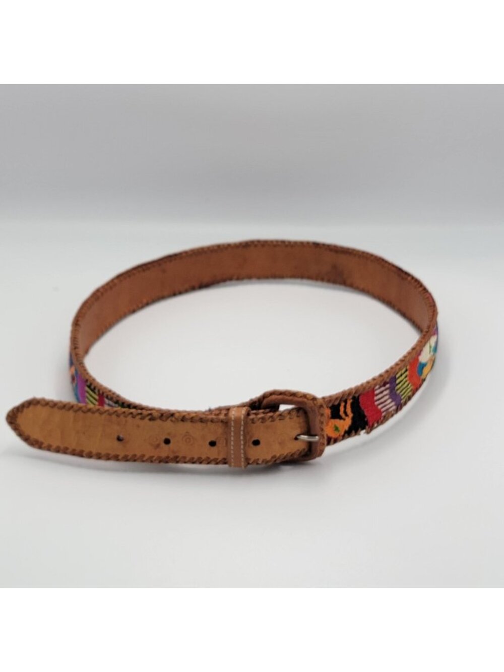 Handwoven Multicolor Embroidered Leather Belt With Braided Edge & Metal Buckle –